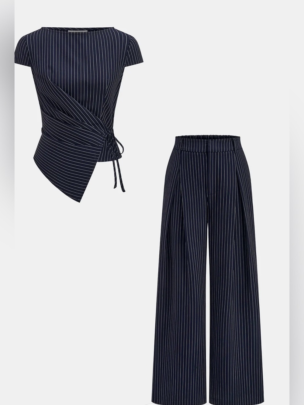 Commense Pinstripe Wrap Tie Top & Wide-Leg Pants Set
